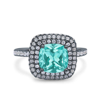 Halo Art Deco Cushion Cut Wedding Ring Black Tone, Simulated Paraiba Tourmaline CZ 925 Sterling Silver